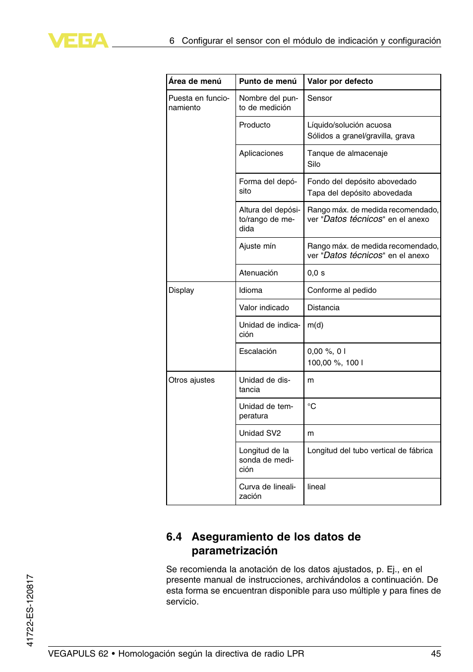 4 aseguramiento de los datos de parametrización, 4 a seguramiento de los datos de parametrización | VEGA VEGAPULS 62 (≥ 2.0.0 - ≥ 4.0.0) Modbus and Levelmaster protocol Approval according to LPR radio standard User Manual | Page 45 / 100