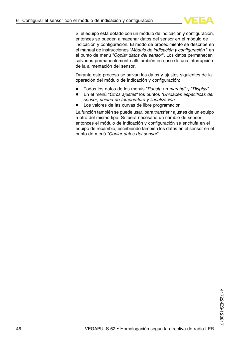 VEGA VEGAPULS 62 (≥ 2.0.0 - ≥ 4.0.0) Modbus and Levelmaster protocol Approval according to LPR radio standard User Manual | Page 46 / 100