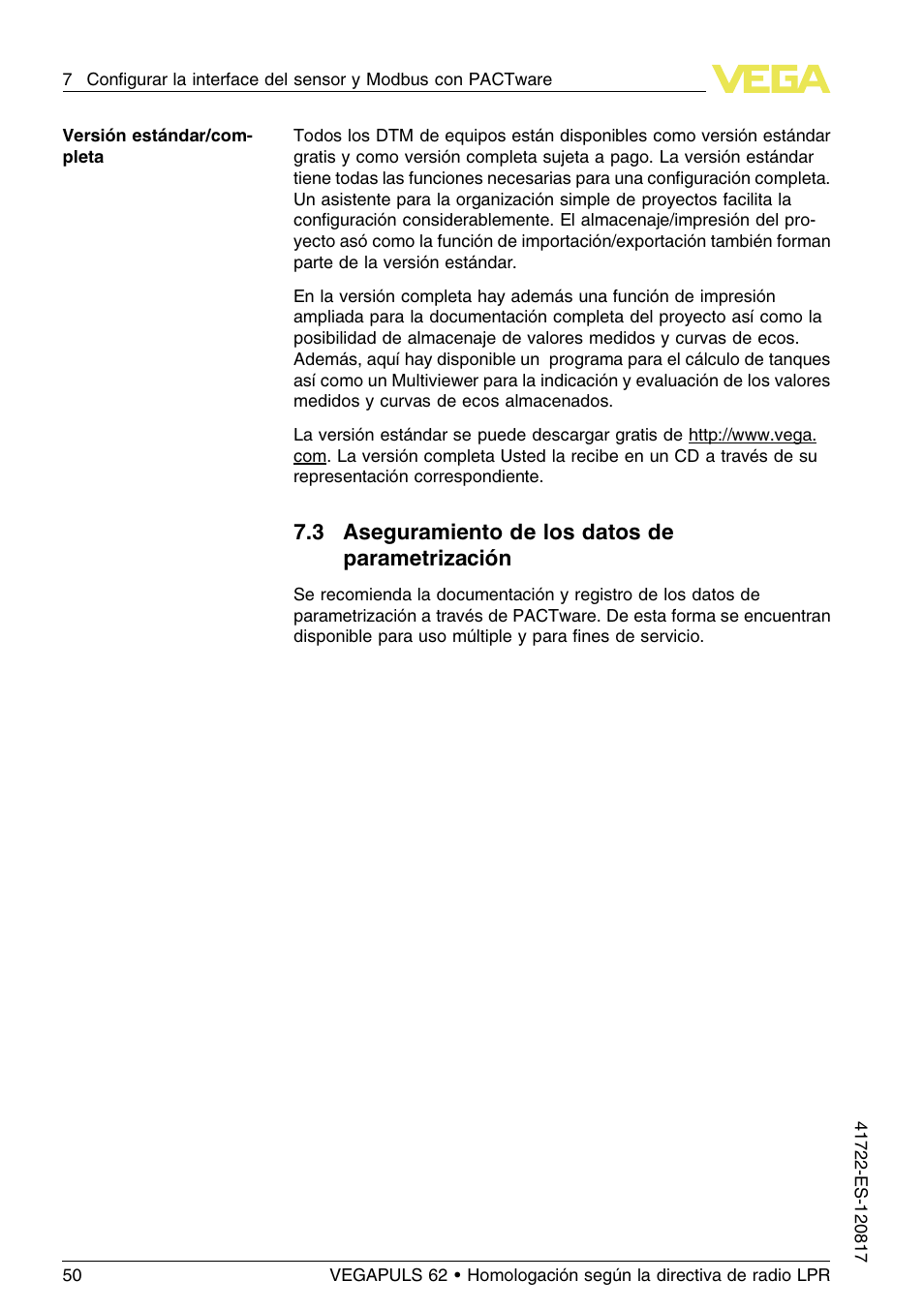 3 aseguramiento de los datos de parametrización | VEGA VEGAPULS 62 (≥ 2.0.0 - ≥ 4.0.0) Modbus and Levelmaster protocol Approval according to LPR radio standard User Manual | Page 50 / 100