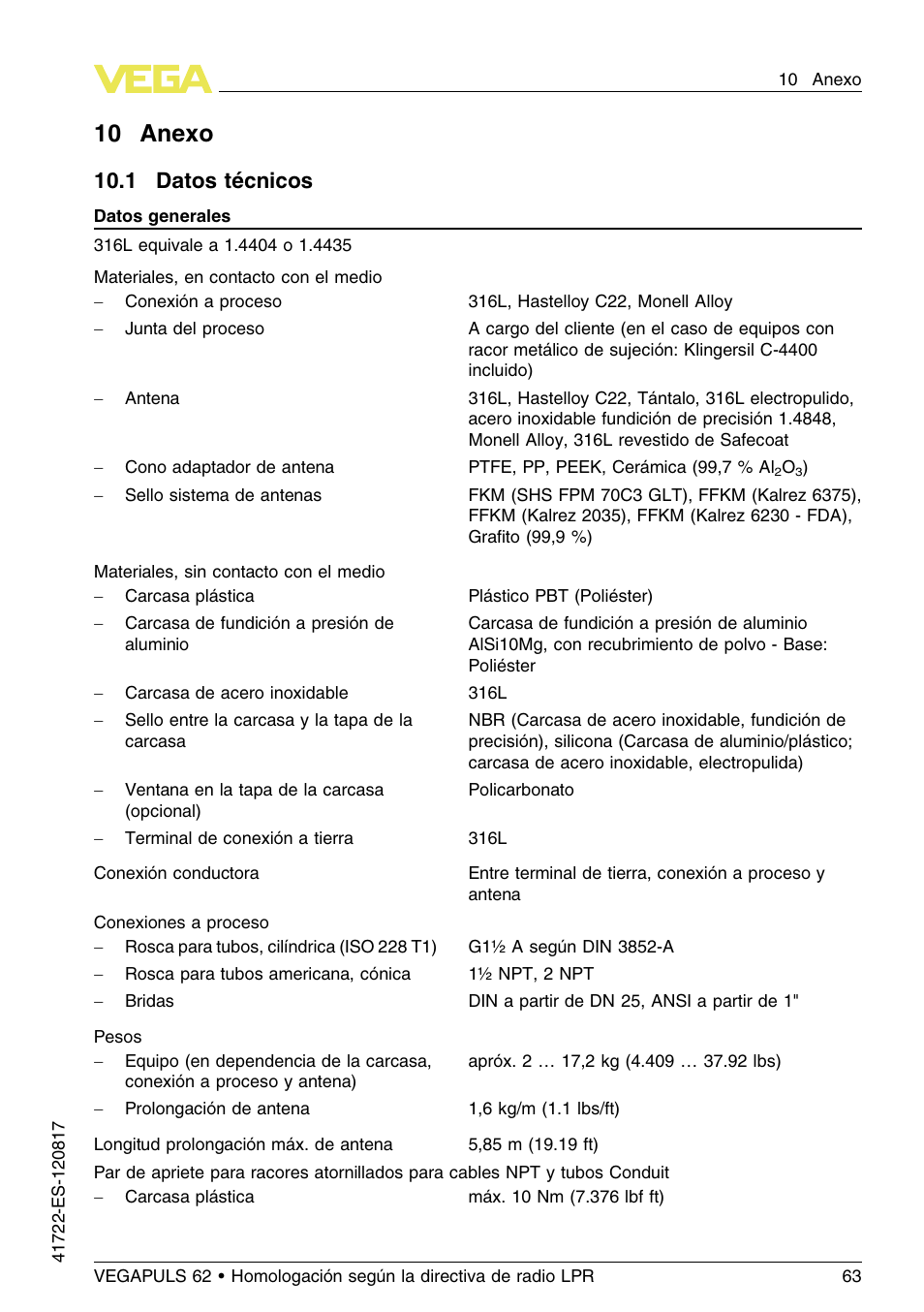 10 anexo, 1 datos técnicos, 10 .1 d atos técnicos | VEGA VEGAPULS 62 (≥ 2.0.0 - ≥ 4.0.0) Modbus and Levelmaster protocol Approval according to LPR radio standard User Manual | Page 63 / 100