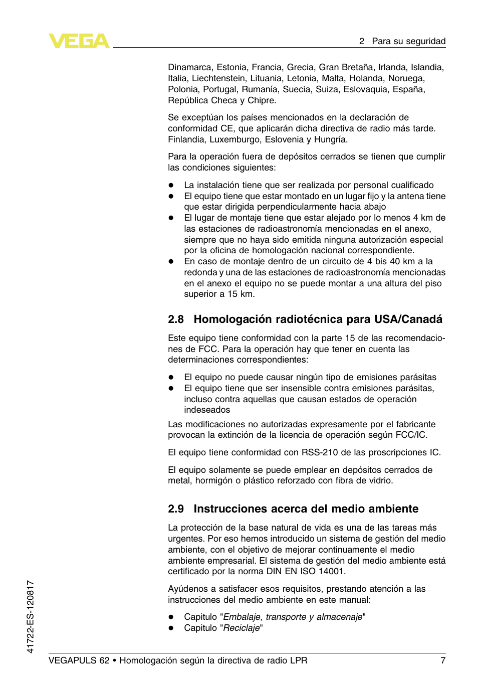 8 homologación radiotécnica para usa/canadá, 9 instrucciones acerca del medio ambiente, 8 h omologación radiotécnica para usa/canadá | 9 i nstrucciones acerca del medio ambiente | VEGA VEGAPULS 62 (≥ 2.0.0 - ≥ 4.0.0) Modbus and Levelmaster protocol Approval according to LPR radio standard User Manual | Page 7 / 100