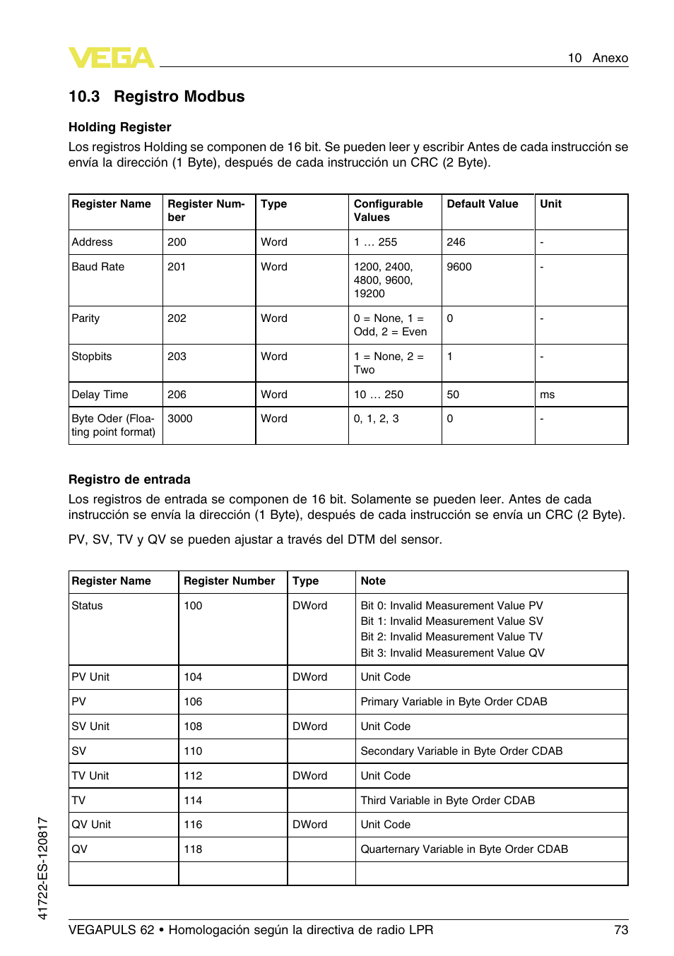 3 registro modbus, 10 .3 r egistro modbus | VEGA VEGAPULS 62 (≥ 2.0.0 - ≥ 4.0.0) Modbus and Levelmaster protocol Approval according to LPR radio standard User Manual | Page 73 / 100