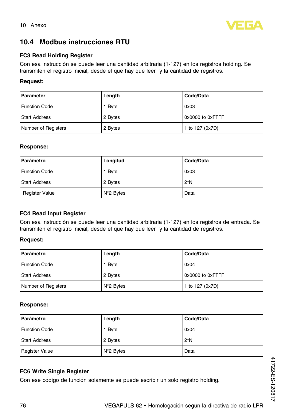 4 modbus instrucciones rtu, 10 .4 m odbus instrucciones rtu | VEGA VEGAPULS 62 (≥ 2.0.0 - ≥ 4.0.0) Modbus and Levelmaster protocol Approval according to LPR radio standard User Manual | Page 76 / 100