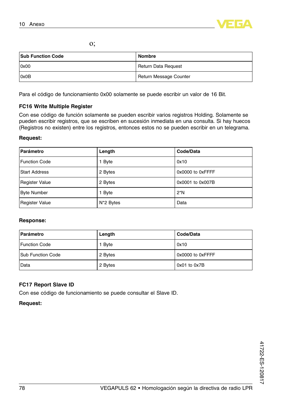 VEGA VEGAPULS 62 (≥ 2.0.0 - ≥ 4.0.0) Modbus and Levelmaster protocol Approval according to LPR radio standard User Manual | Page 78 / 100