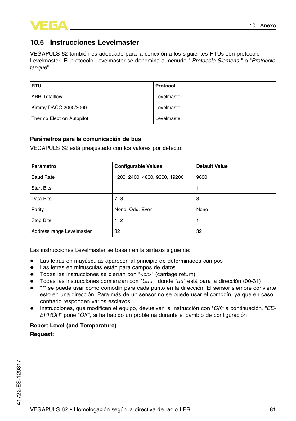 5 instrucciones levelmaster, 10 .5 i nstrucciones levelmaster | VEGA VEGAPULS 62 (≥ 2.0.0 - ≥ 4.0.0) Modbus and Levelmaster protocol Approval according to LPR radio standard User Manual | Page 81 / 100