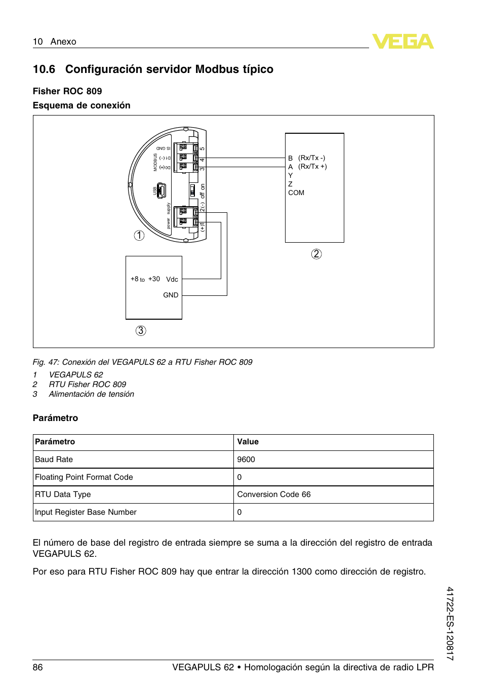 6 configuración servidor modbus típico, 10 .6 c onﬁguración servidor modbus típico, Fisher roc 809 esquema de conexión | Parámetro | VEGA VEGAPULS 62 (≥ 2.0.0 - ≥ 4.0.0) Modbus and Levelmaster protocol Approval according to LPR radio standard User Manual | Page 86 / 100