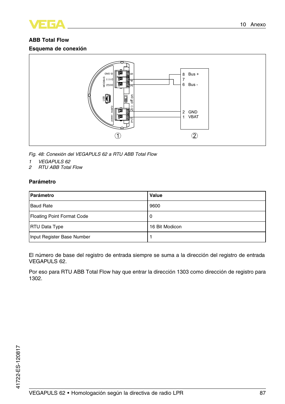 Abb total flow esquema de conexión, Parámetro | VEGA VEGAPULS 62 (≥ 2.0.0 - ≥ 4.0.0) Modbus and Levelmaster protocol Approval according to LPR radio standard User Manual | Page 87 / 100