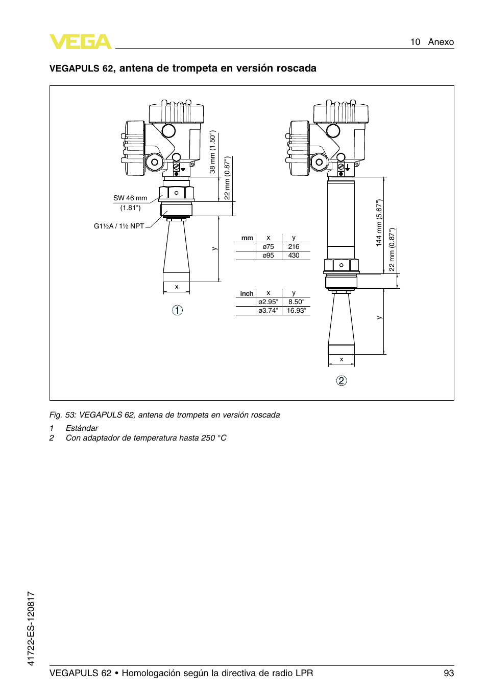 Antena de trompeta en versión roscada | VEGA VEGAPULS 62 (≥ 2.0.0 - ≥ 4.0.0) Modbus and Levelmaster protocol Approval according to LPR radio standard User Manual | Page 93 / 100