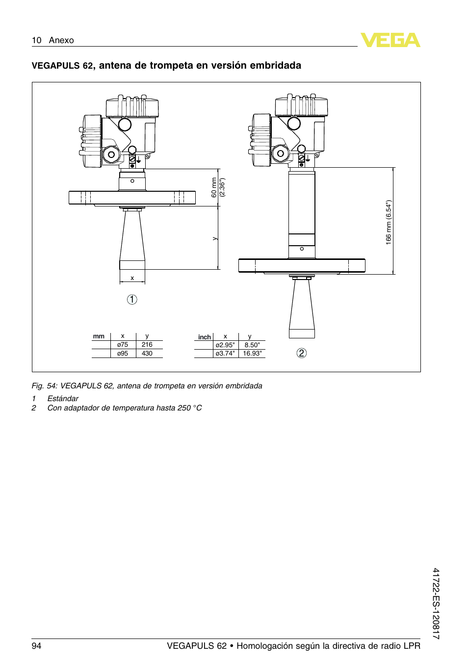 Antena de trompeta en versión embridada | VEGA VEGAPULS 62 (≥ 2.0.0 - ≥ 4.0.0) Modbus and Levelmaster protocol Approval according to LPR radio standard User Manual | Page 94 / 100