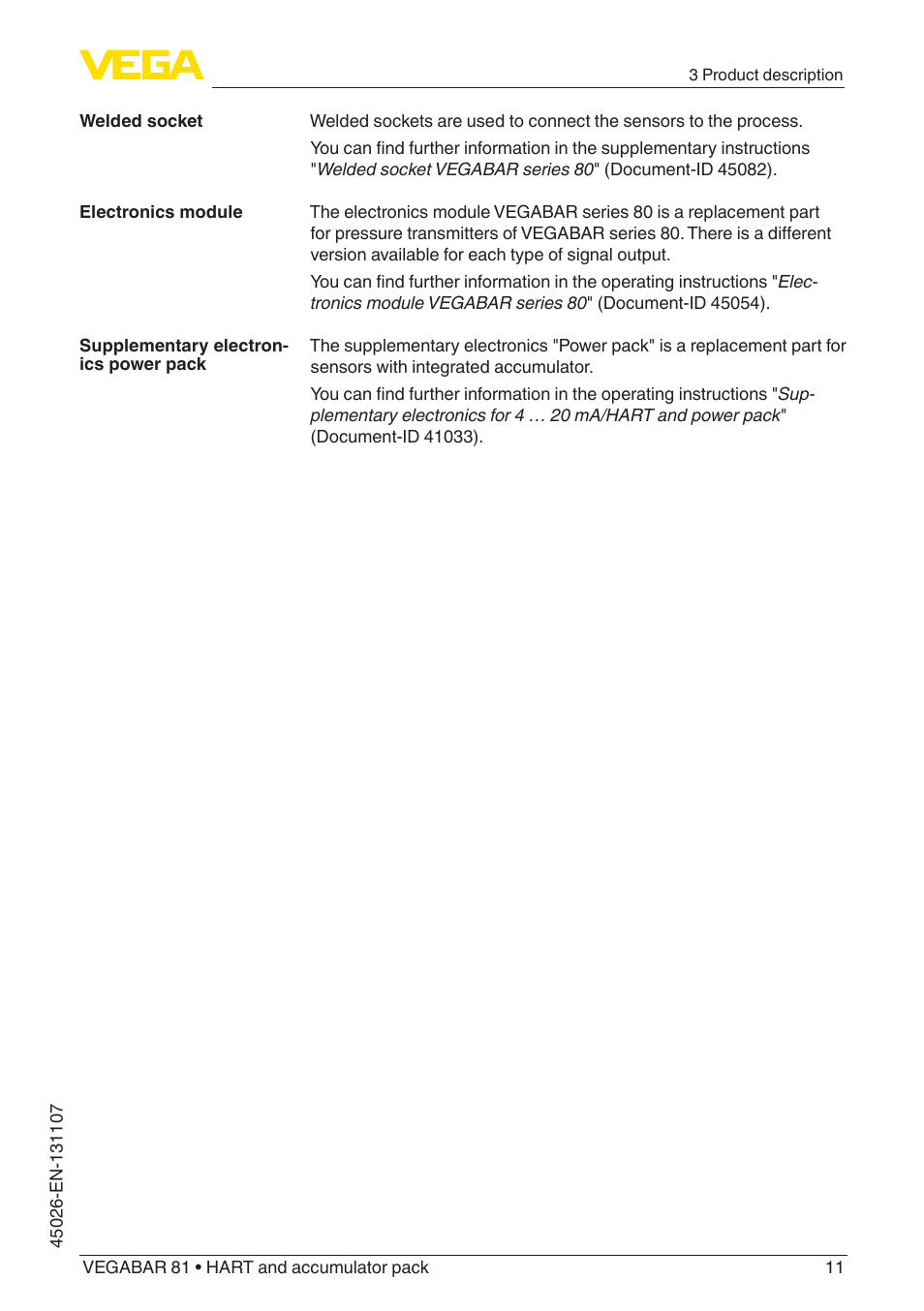 VEGA VEGABAR 81 HART and accumulator pack - Operating Instructions User Manual | Page 11 / 68