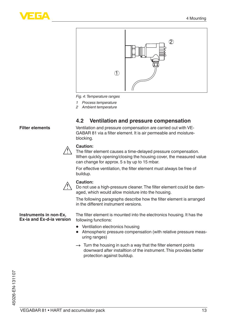 2 ventilation and pressure compensation | VEGA VEGABAR 81 HART and accumulator pack - Operating Instructions User Manual | Page 13 / 68