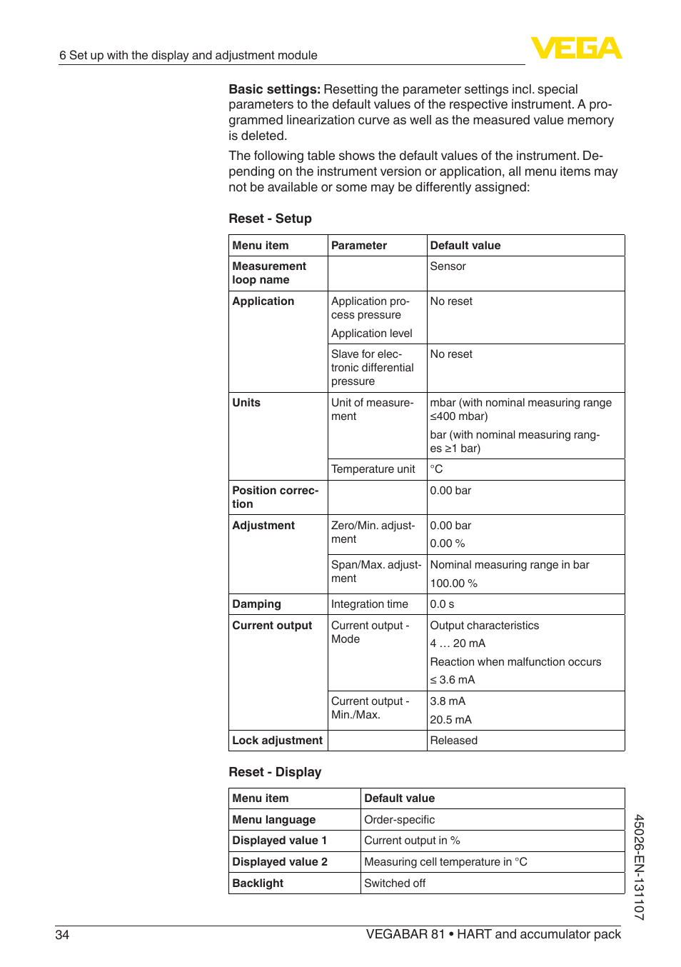 VEGA VEGABAR 81 HART and accumulator pack - Operating Instructions User Manual | Page 34 / 68