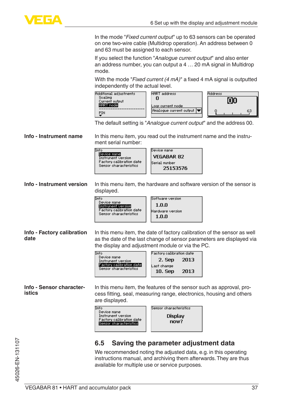 5 saving the parameter adjustment data | VEGA VEGABAR 81 HART and accumulator pack - Operating Instructions User Manual | Page 37 / 68