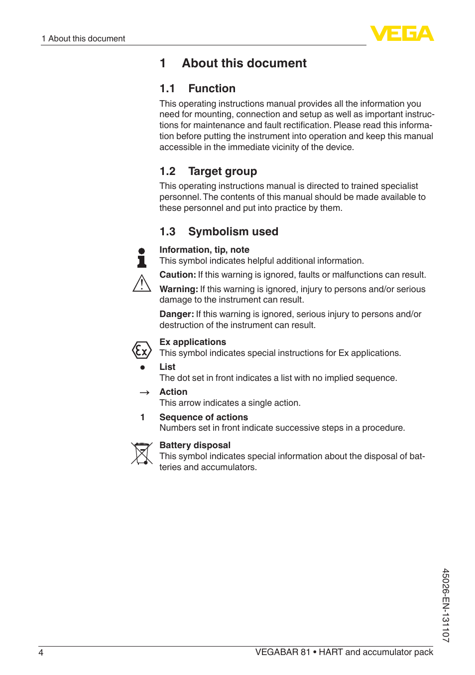 1 about this document, 1 function, 2 target group | 3 symbolism used | VEGA VEGABAR 81 HART and accumulator pack - Operating Instructions User Manual | Page 4 / 68