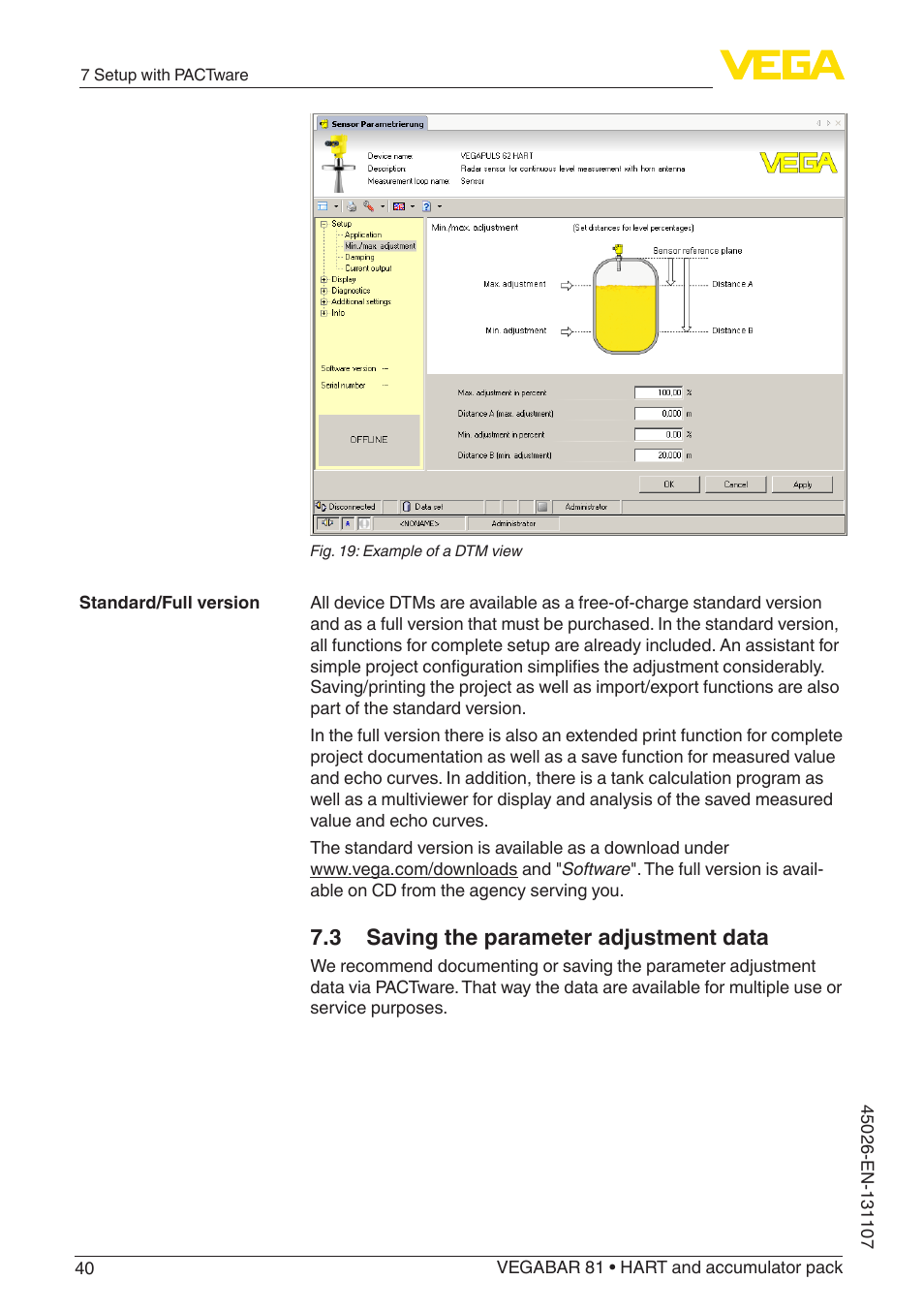 3 saving the parameter adjustment data | VEGA VEGABAR 81 HART and accumulator pack - Operating Instructions User Manual | Page 40 / 68