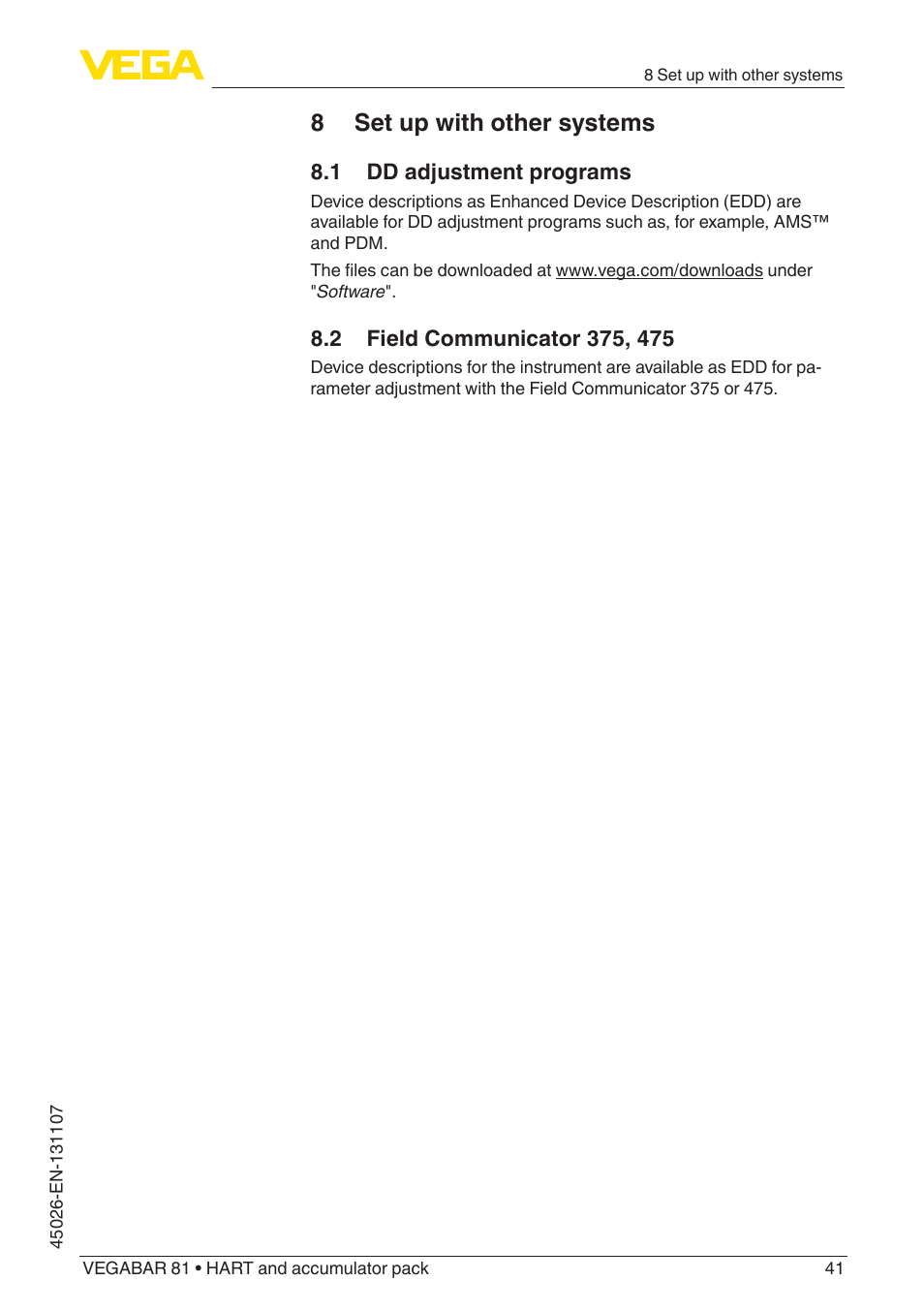 8 set up with other systems, 1 dd adjustment programs, 2 field communicator 375, 475 | VEGA VEGABAR 81 HART and accumulator pack - Operating Instructions User Manual | Page 41 / 68