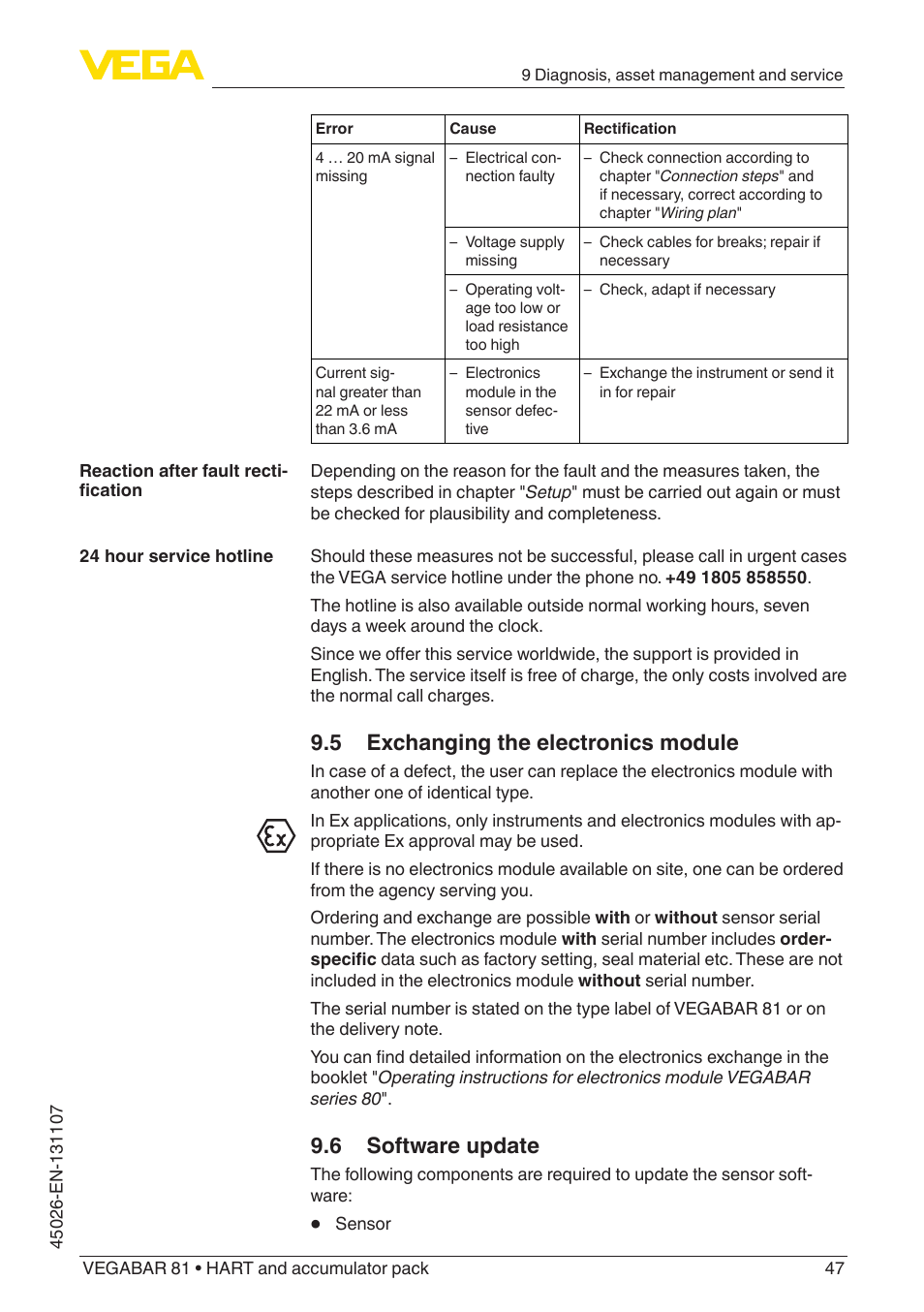 5 exchanging the electronics module, 6 software update | VEGA VEGABAR 81 HART and accumulator pack - Operating Instructions User Manual | Page 47 / 68