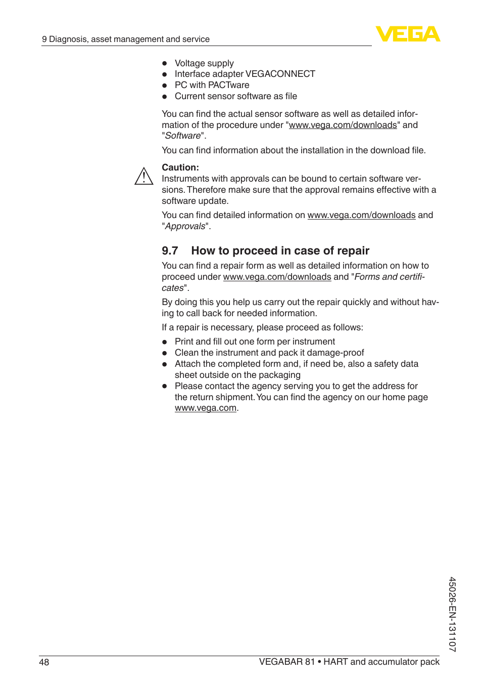 7 how to proceed in case of repair | VEGA VEGABAR 81 HART and accumulator pack - Operating Instructions User Manual | Page 48 / 68