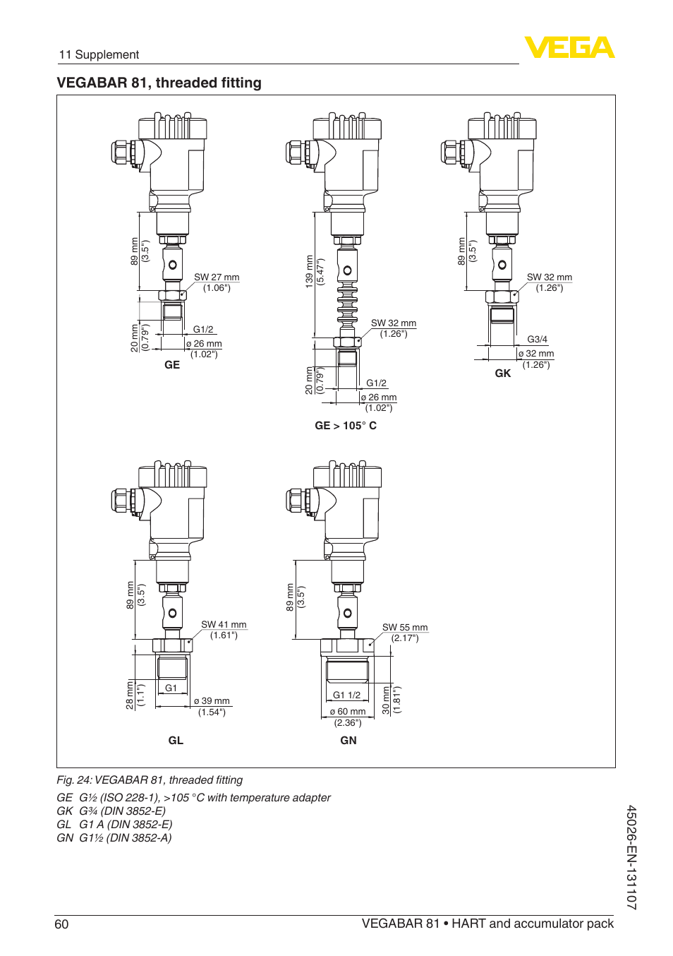 Vegabar 81, threaded fitting | VEGA VEGABAR 81 HART and accumulator pack - Operating Instructions User Manual | Page 60 / 68