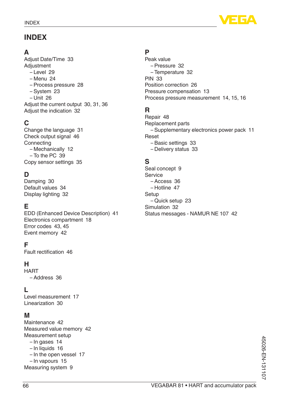 Index | VEGA VEGABAR 81 HART and accumulator pack - Operating Instructions User Manual | Page 66 / 68