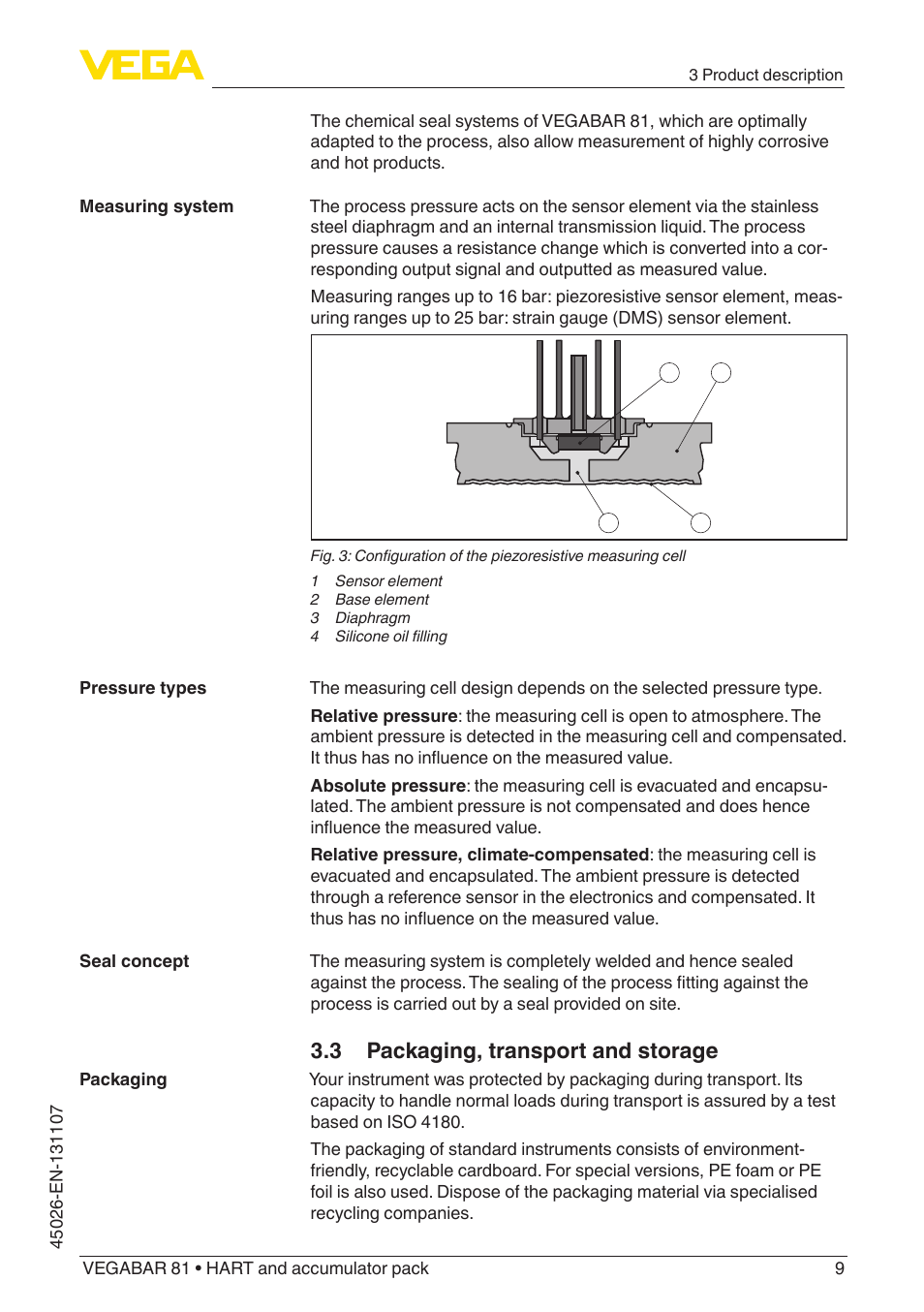 3 packaging, transport and storage | VEGA VEGABAR 81 HART and accumulator pack - Operating Instructions User Manual | Page 9 / 68