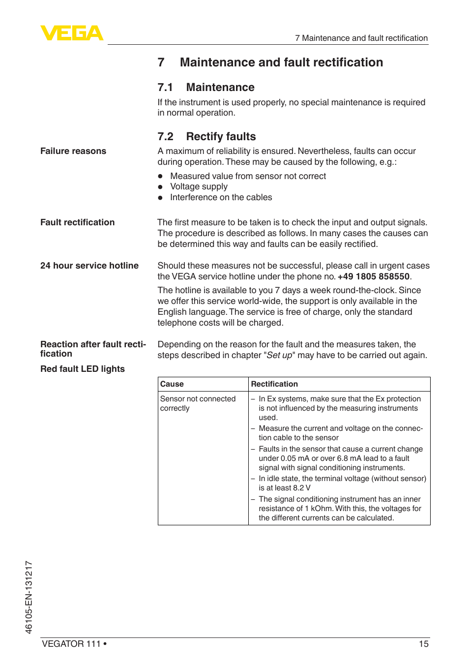 7 maintenance and fault rectification, 1 maintenance, 2 rectify faults | VEGA VEGATOR 111 User Manual | Page 15 / 24