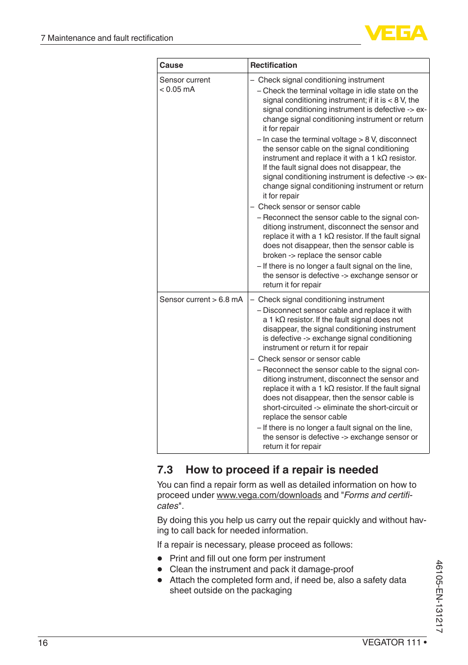 3 how to proceed if a repair is needed | VEGA VEGATOR 111 User Manual | Page 16 / 24