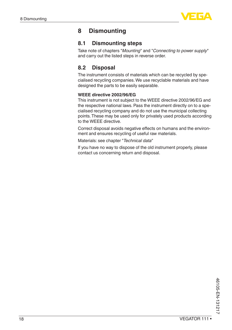 8 dismounting, 1 dismounting steps, 2 disposal | VEGA VEGATOR 111 User Manual | Page 18 / 24