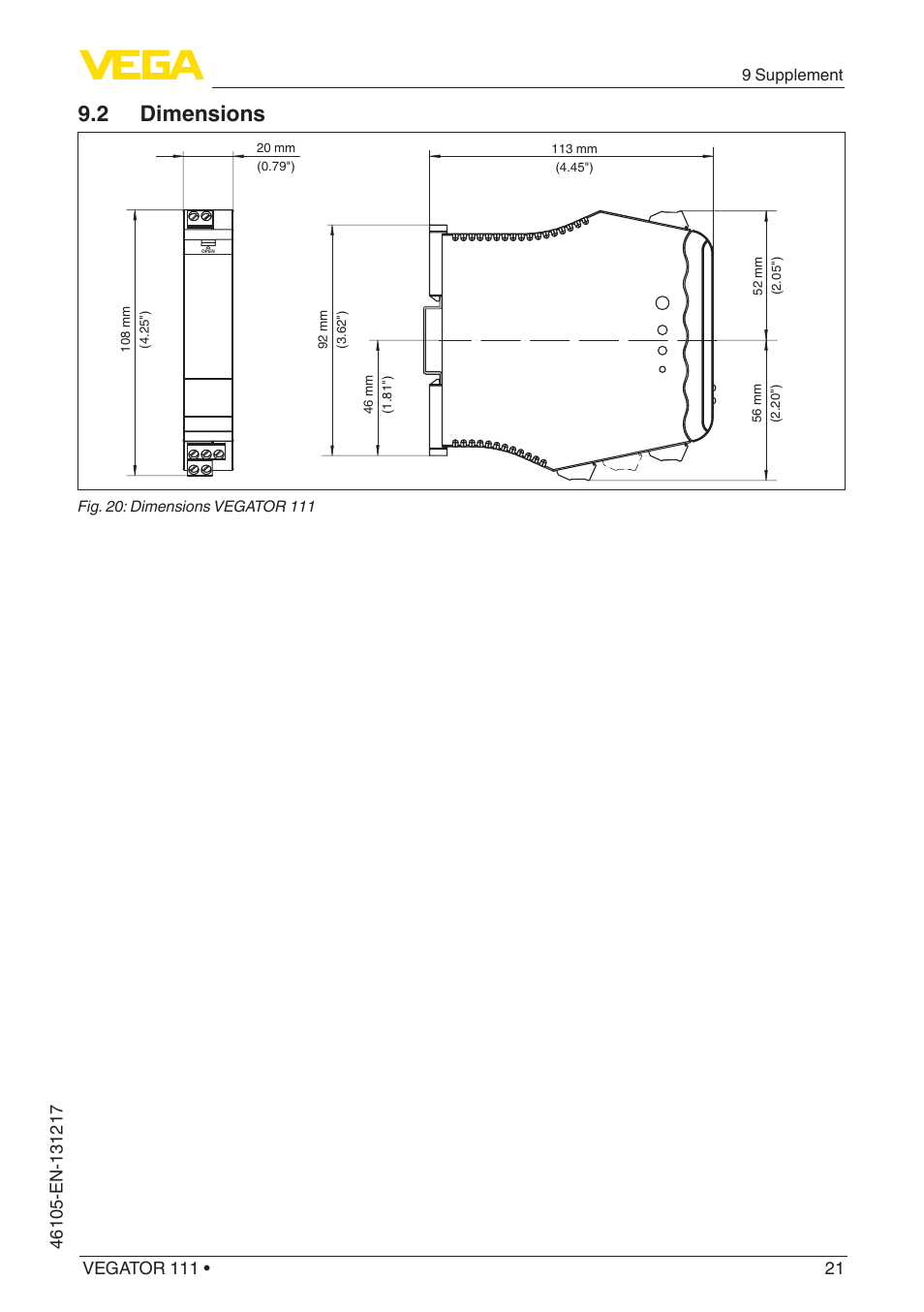 2 dimensions | VEGA VEGATOR 111 User Manual | Page 21 / 24