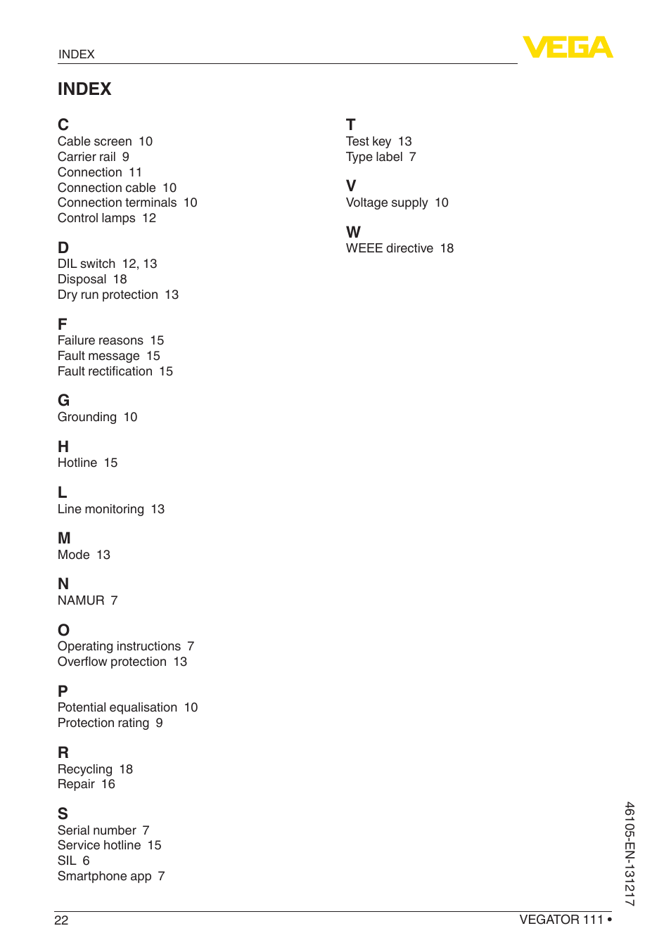 Index | VEGA VEGATOR 111 User Manual | Page 22 / 24