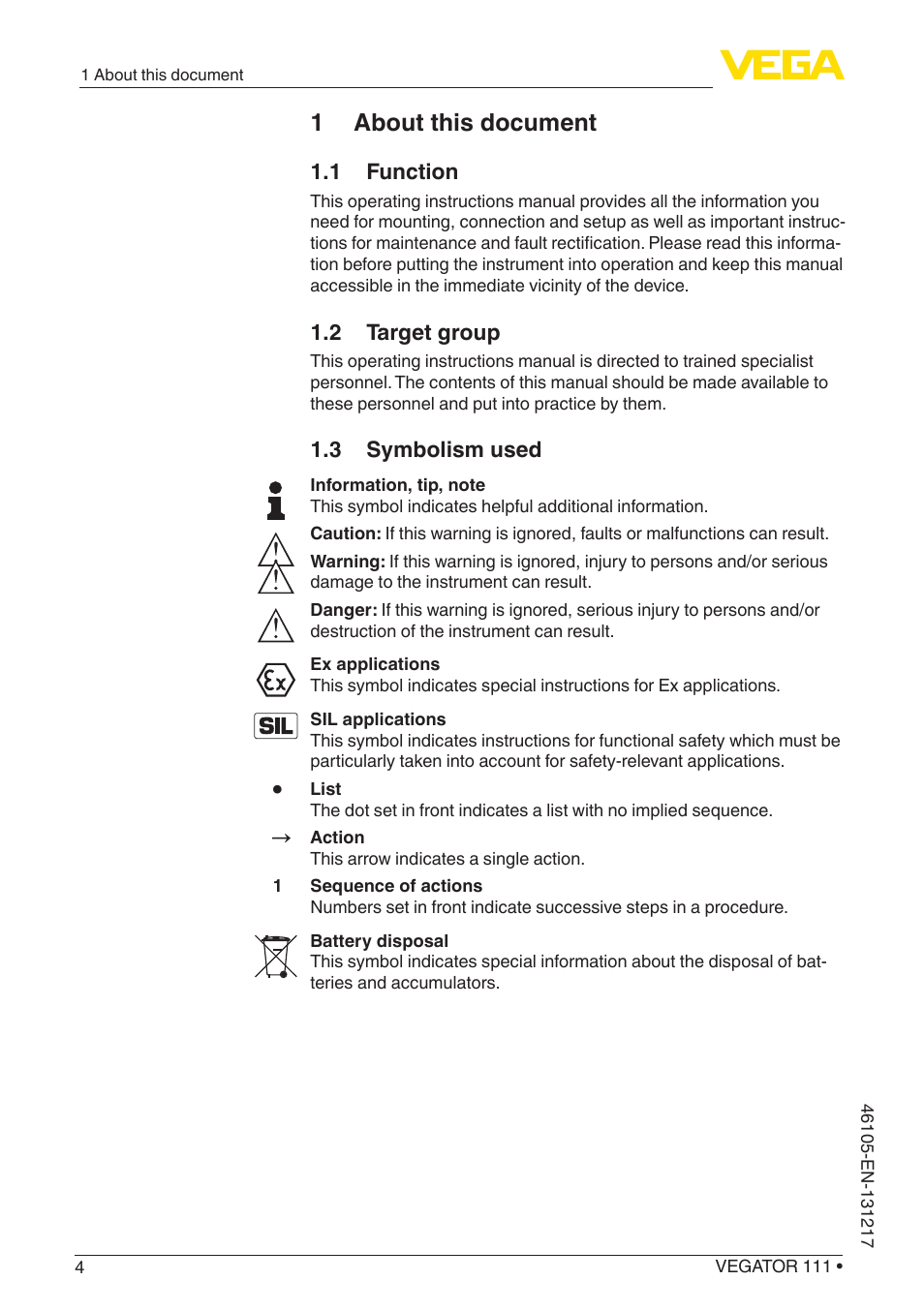 1 about this document, 1 function, 2 target group | 3 symbolism used | VEGA VEGATOR 111 User Manual | Page 4 / 24