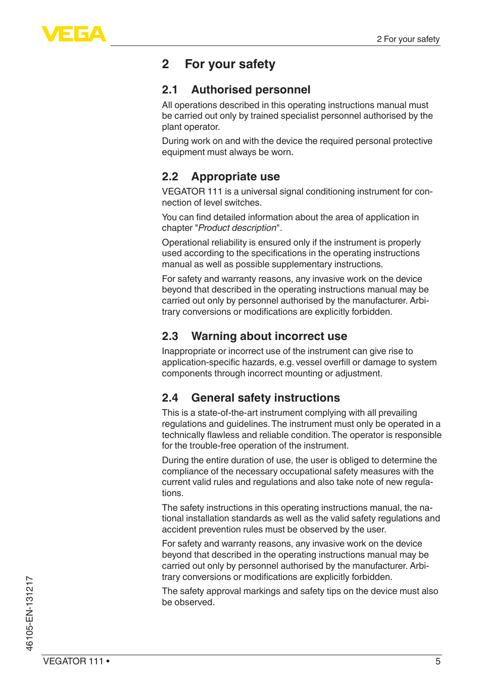 2 for your safety, 1 authorised personnel, 2 appropriate use | 3 warning about incorrect use, 4 general safety instructions | VEGA VEGATOR 111 User Manual | Page 5 / 24