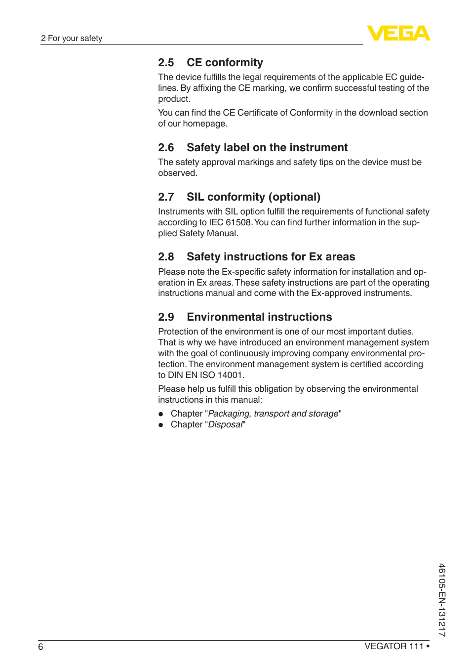 5 ce conformity, 6 safety label on the instrument, 7 sil conformity (optional) | 8 safety instructions for ex areas, 9 environmental instructions | VEGA VEGATOR 111 User Manual | Page 6 / 24