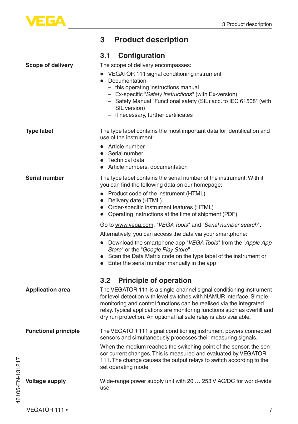 3 product description, 1 configuration, 2 principle of operation | VEGA VEGATOR 111 User Manual | Page 7 / 24