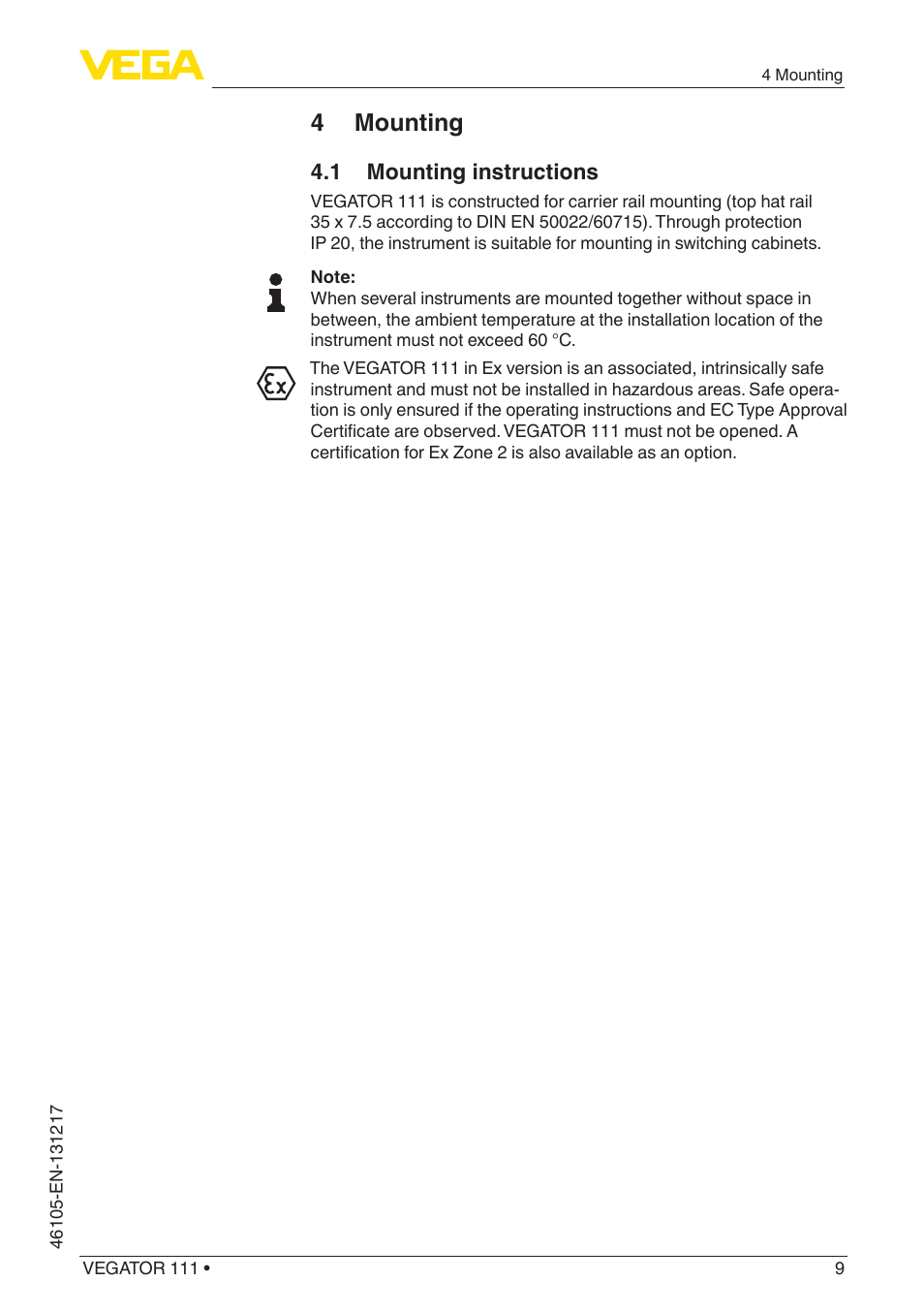 4 mounting, 1 mounting instructions | VEGA VEGATOR 111 User Manual | Page 9 / 24