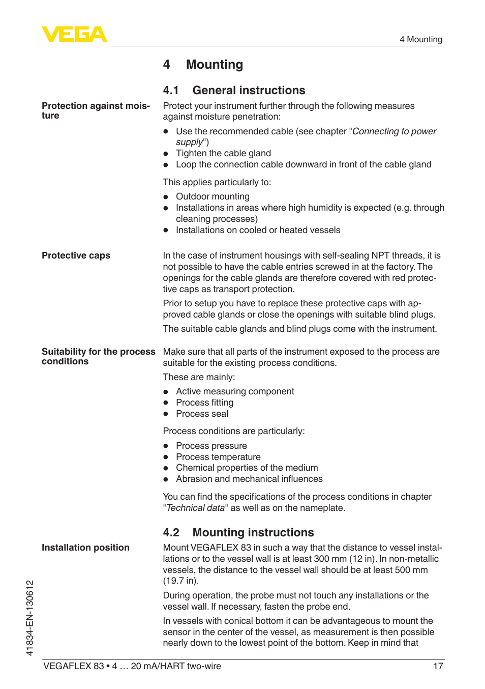4 mounting, 1 general instructions, 2 mounting instructions | VEGA VEGAFLEX 83 4 … 20 mA_HART two-wire PFA insulated User Manual | Page 17 / 96