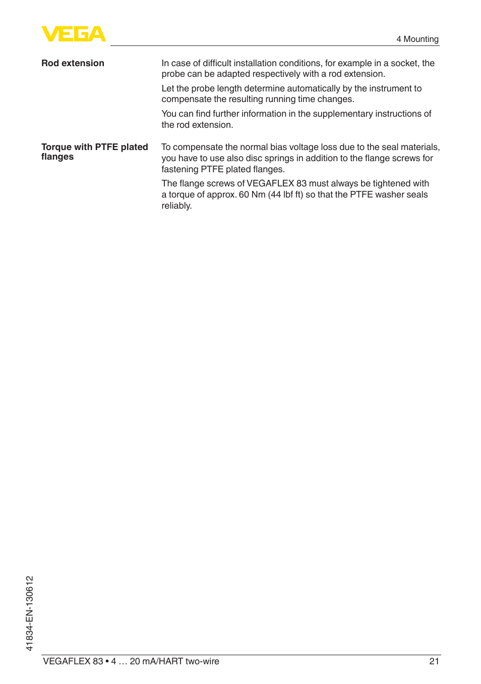 VEGA VEGAFLEX 83 4 … 20 mA_HART two-wire PFA insulated User Manual | Page 21 / 96