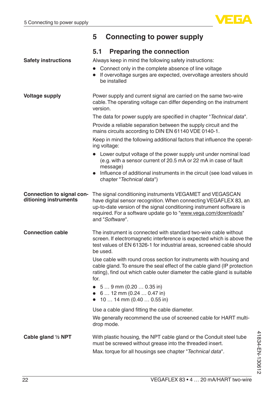 5 connecting to power supply, 1 preparing the connection | VEGA VEGAFLEX 83 4 … 20 mA_HART two-wire PFA insulated User Manual | Page 22 / 96