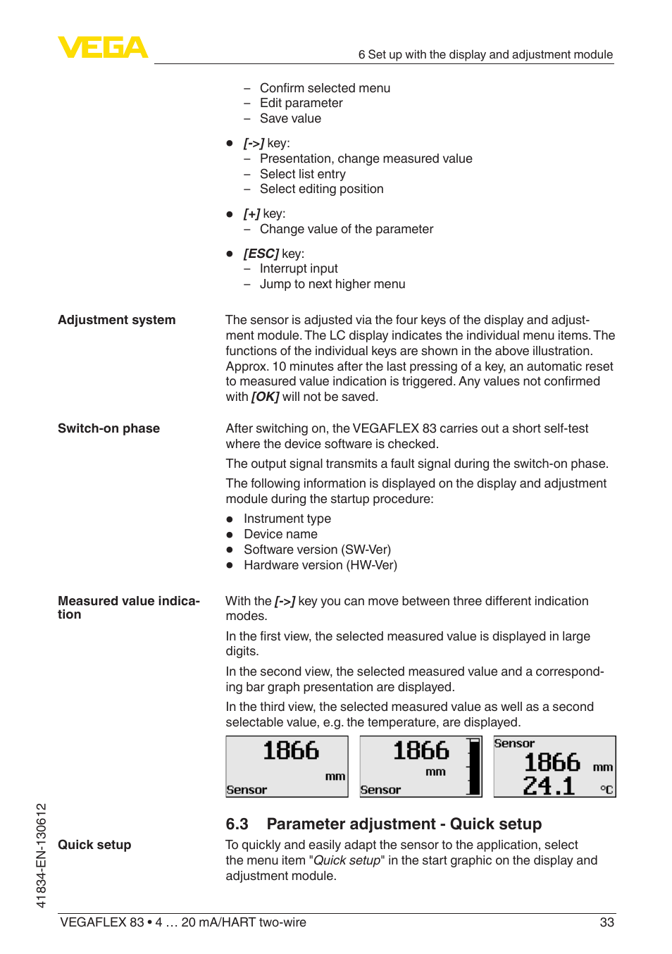 3 parameter adjustment - quick setup | VEGA VEGAFLEX 83 4 … 20 mA_HART two-wire PFA insulated User Manual | Page 33 / 96