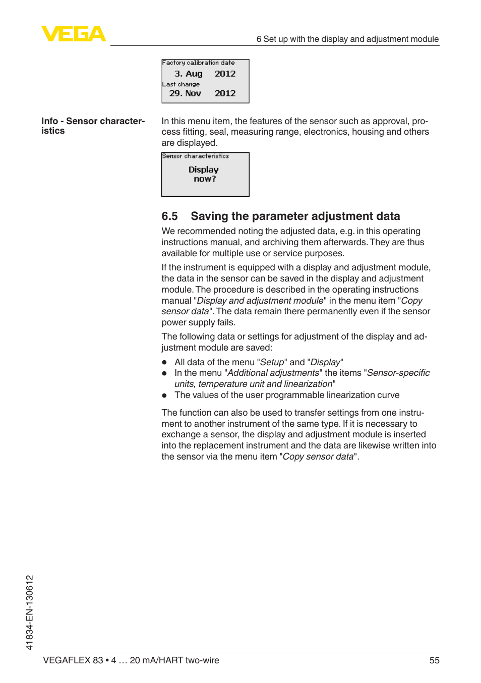 5 saving the parameter adjustment data | VEGA VEGAFLEX 83 4 … 20 mA_HART two-wire PFA insulated User Manual | Page 55 / 96