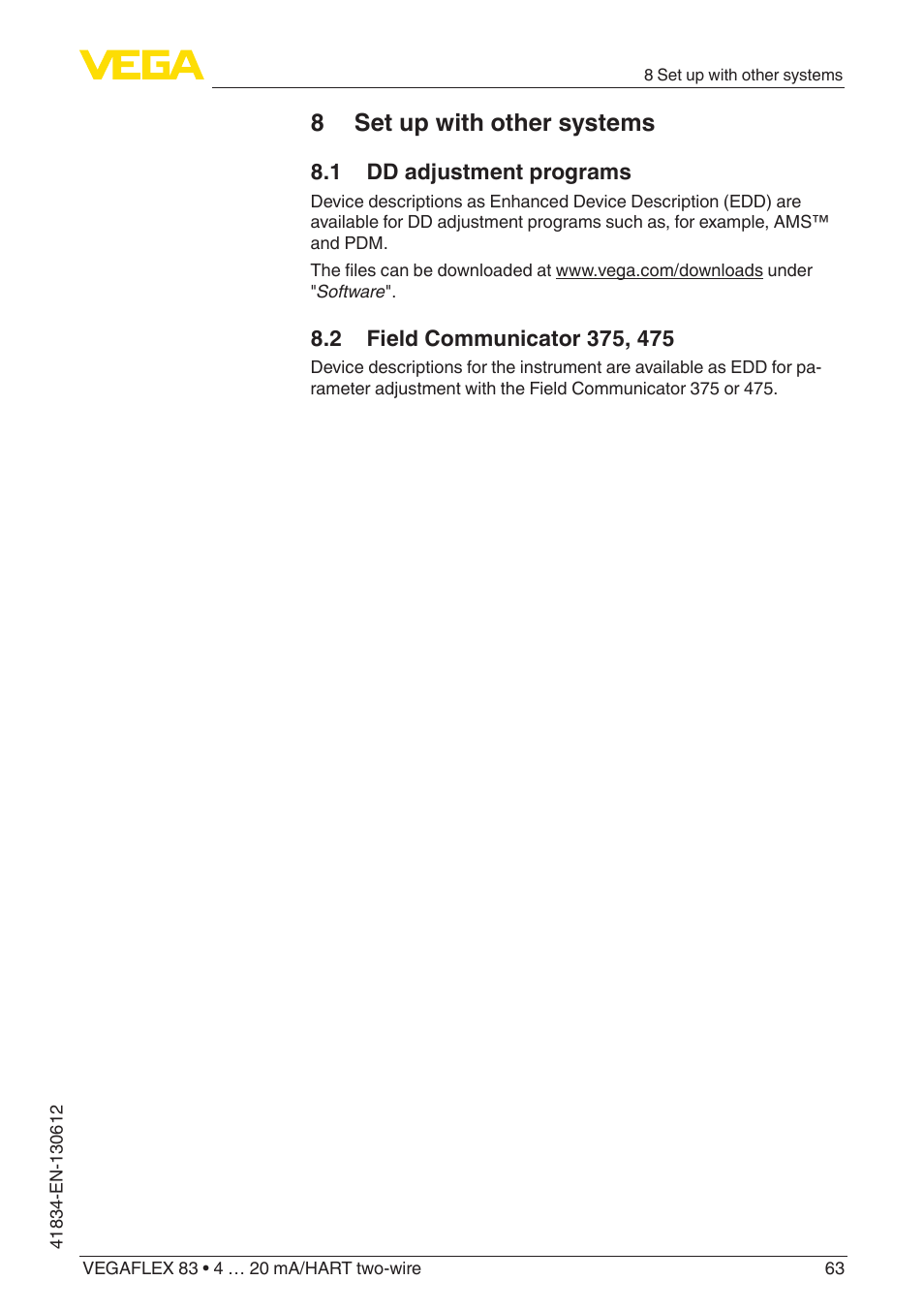 8 set up with other systems, 1 dd adjustment programs, 2 field communicator 375, 475 | VEGA VEGAFLEX 83 4 … 20 mA_HART two-wire PFA insulated User Manual | Page 63 / 96