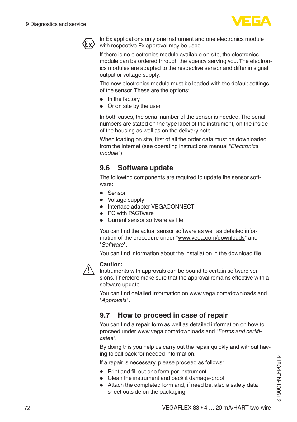 6 software update, 7 how to proceed in case of repair | VEGA VEGAFLEX 83 4 … 20 mA_HART two-wire PFA insulated User Manual | Page 72 / 96