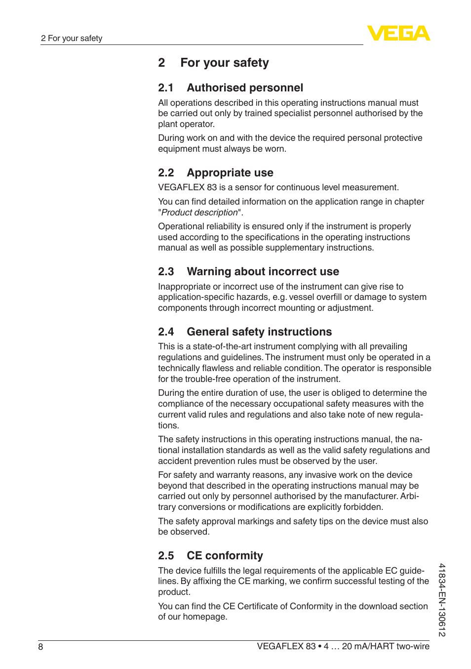 2 for your safety, 1 authorised personnel, 2 appropriate use | 3 warning about incorrect use, 4 general safety instructions, 5 ce conformity | VEGA VEGAFLEX 83 4 … 20 mA_HART two-wire PFA insulated User Manual | Page 8 / 96