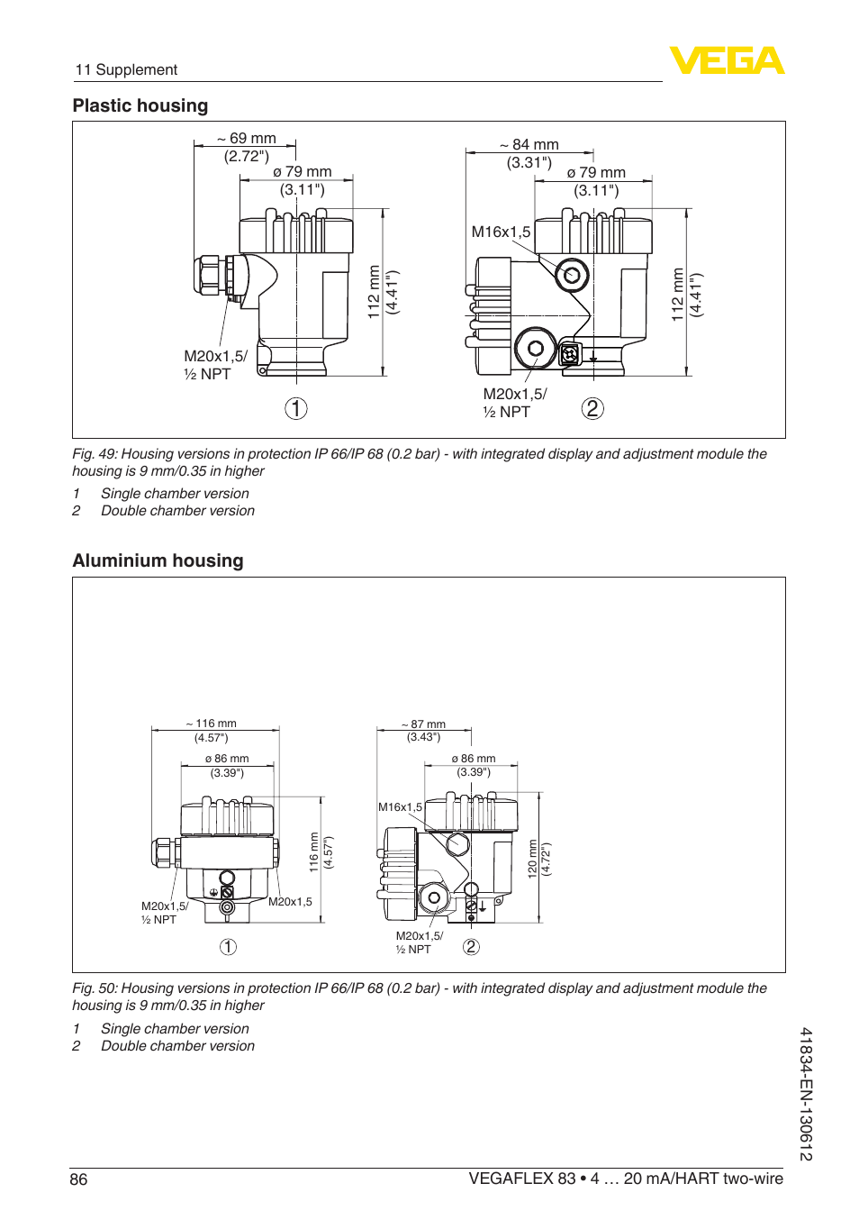 Plastic housing, Aluminium housing | VEGA VEGAFLEX 83 4 … 20 mA_HART two-wire PFA insulated User Manual | Page 86 / 96