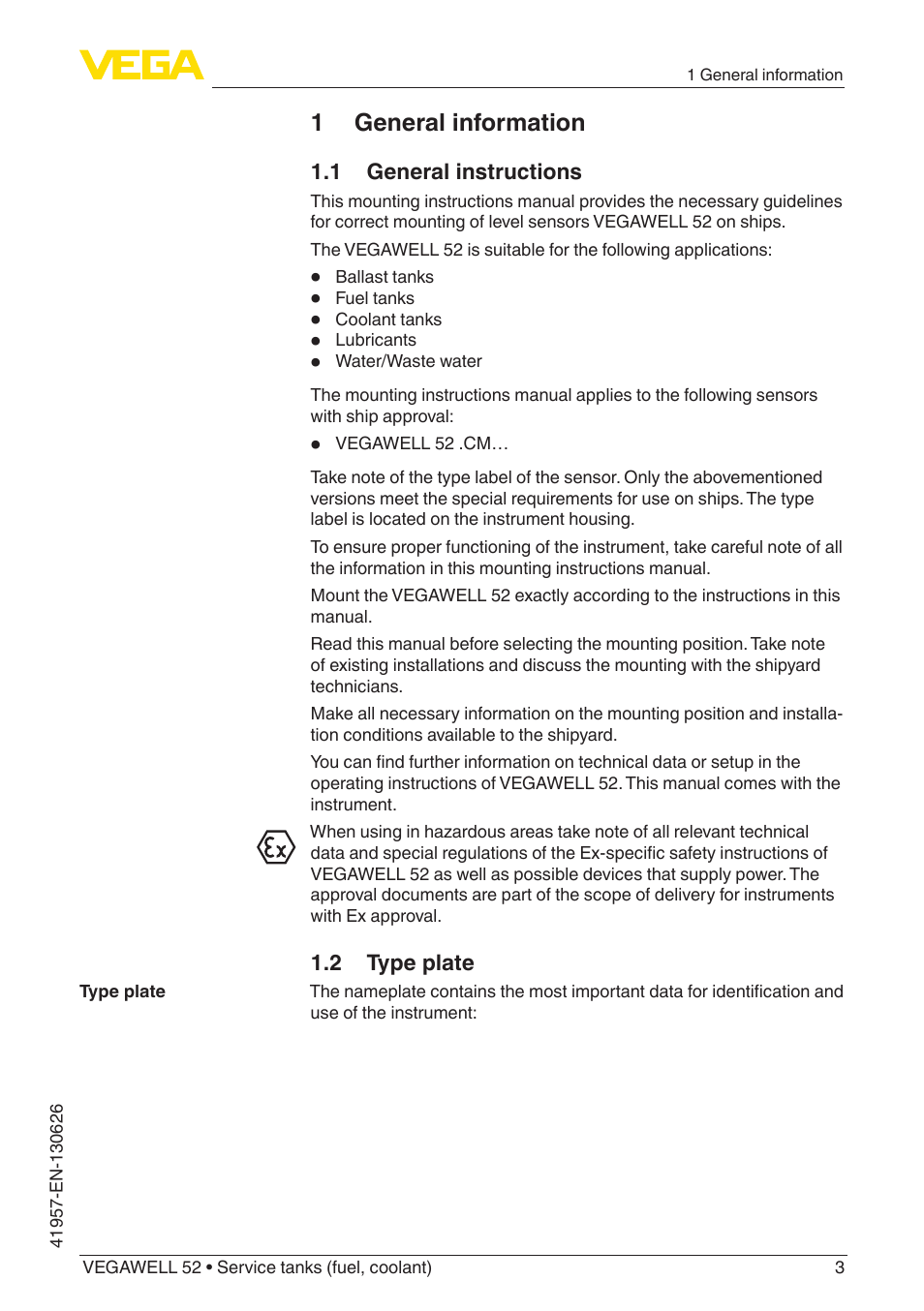 1 general information, 1 general instructions, 2 type plate | VEGA VEGAWELL 52 Ship-building User Manual | Page 3 / 20