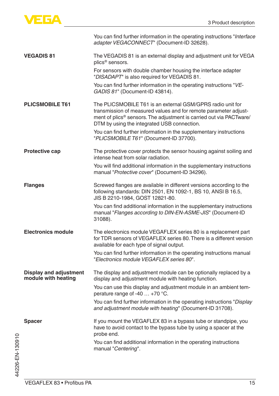 VEGA VEGAFLEX 83 Profibus PA PFA insulated User Manual | Page 15 / 96