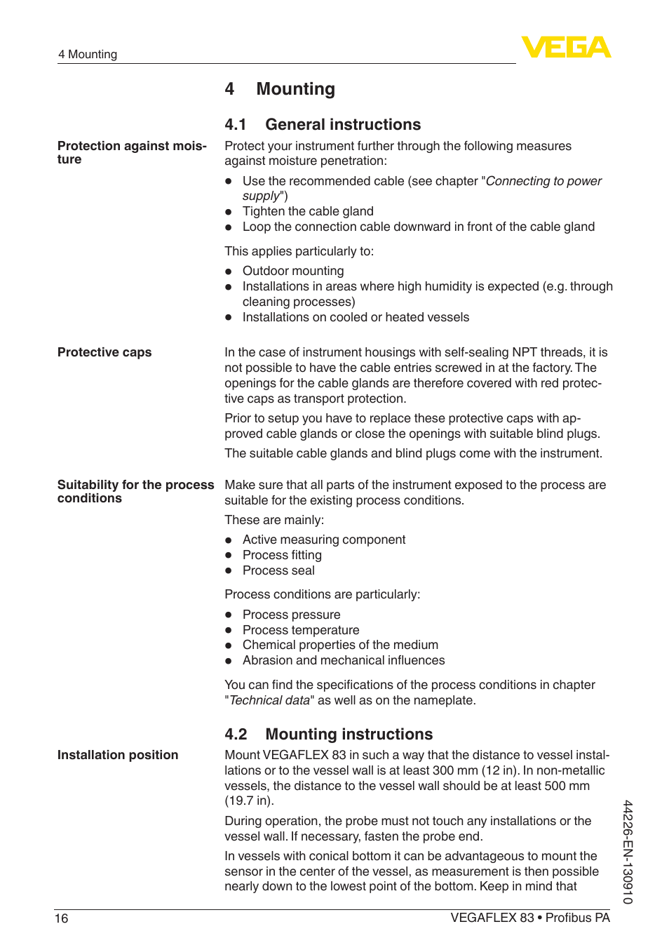 4 mounting, 1 general instructions, 2 mounting instructions | VEGA VEGAFLEX 83 Profibus PA PFA insulated User Manual | Page 16 / 96