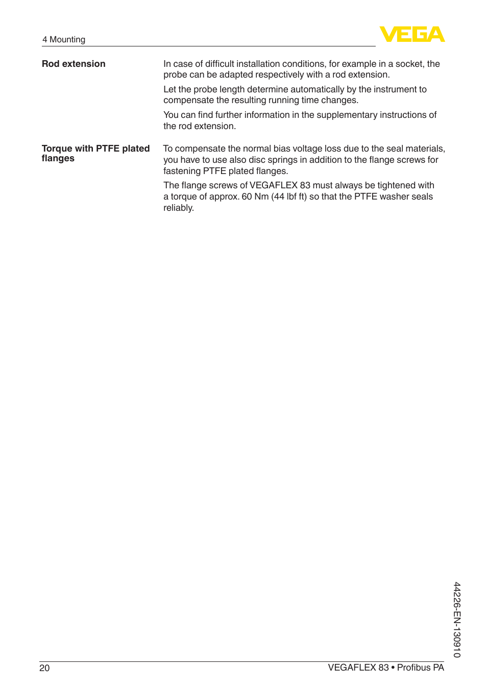 VEGA VEGAFLEX 83 Profibus PA PFA insulated User Manual | Page 20 / 96