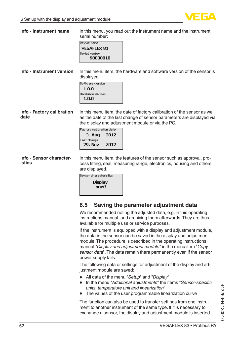 5 saving the parameter adjustment data | VEGA VEGAFLEX 83 Profibus PA PFA insulated User Manual | Page 52 / 96