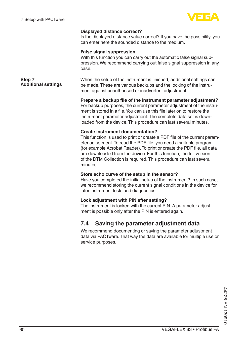 4 saving the parameter adjustment data | VEGA VEGAFLEX 83 Profibus PA PFA insulated User Manual | Page 60 / 96